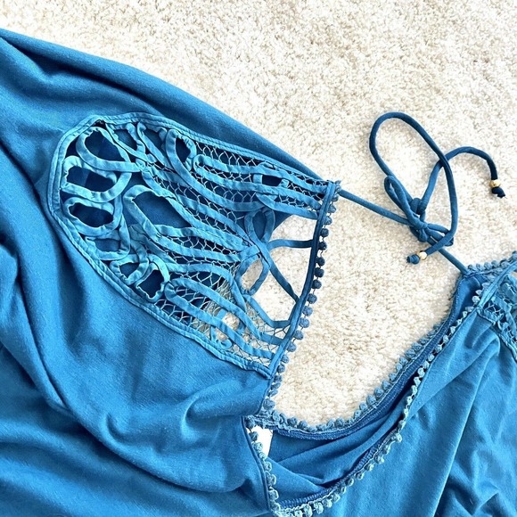 L Space Small Blue Romper Lace Shoulder V Neck Short Sleeve Mini Jumpsuit Shorts - Picture 8 of 14